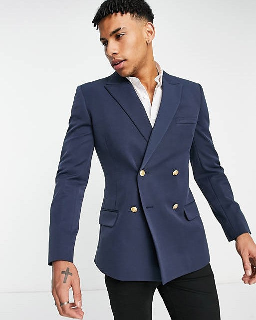 Wedding Skinny Double Breasted Blazer In Navy