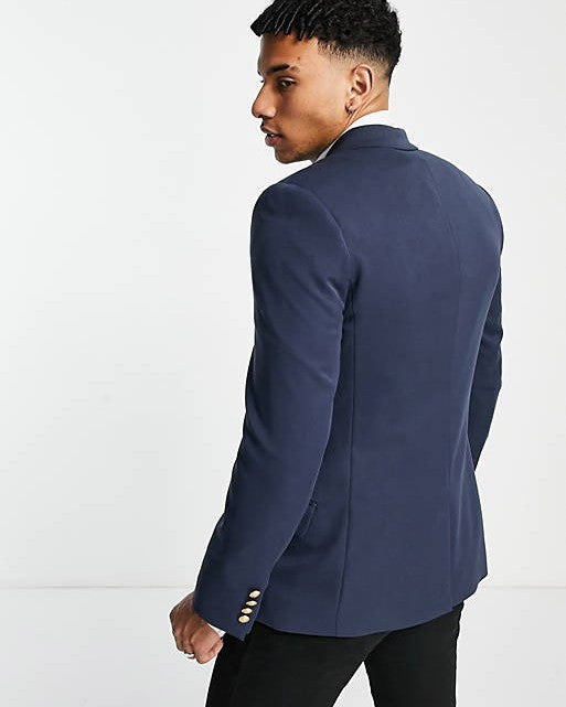 Wedding Skinny Double Breasted Blazer In Navy