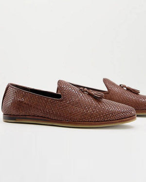 Woven Tassel Loafers In Brown Leather