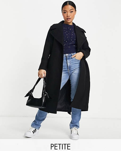 Wrap Tie Smart Midi Formal Coat In Black