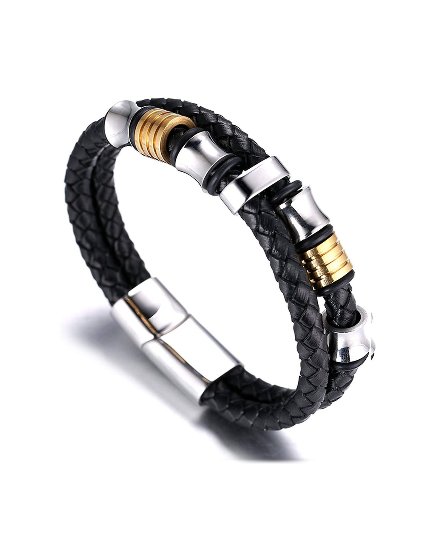 Men's Genuine Leather Bracelet Golden & Silver