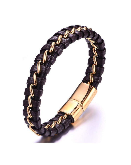 Leather Bracelet Men 18k Gold Plated Stainless Steel