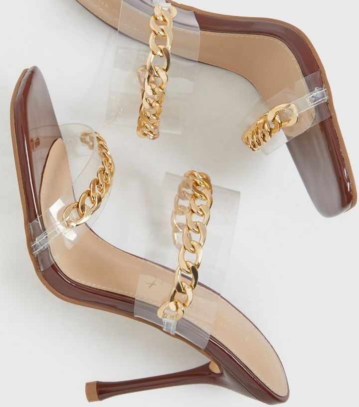 Brown Clear Chain Strap Stiletto Heel Mules