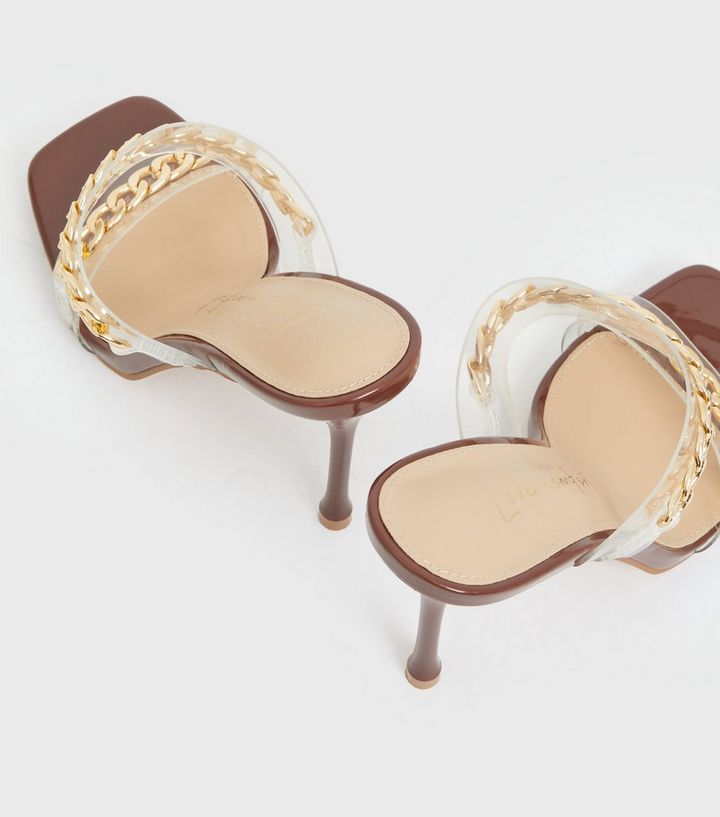 Brown Clear Chain Strap Stiletto Heel Mules