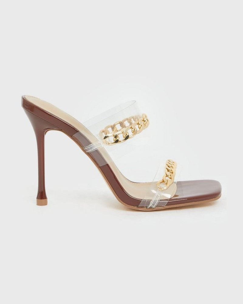 Brown Clear Chain Strap Stiletto Heel Mules