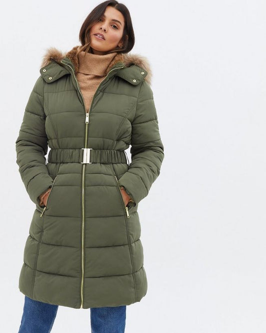 Khaki Belted Puffer Long Jacket