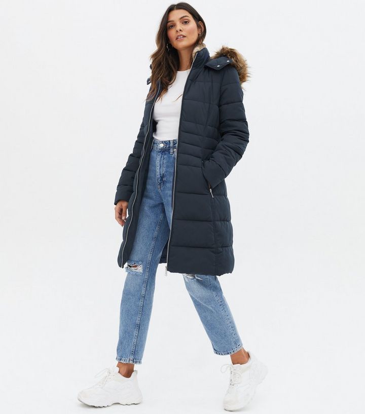 Navy Belted Puffer Long Jacket