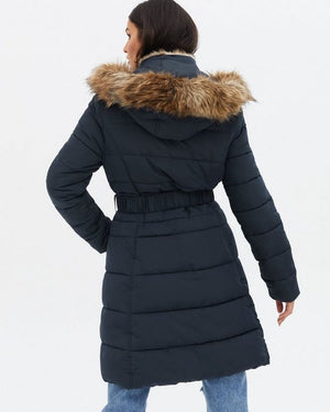 Navy Belted Puffer Long Jacket