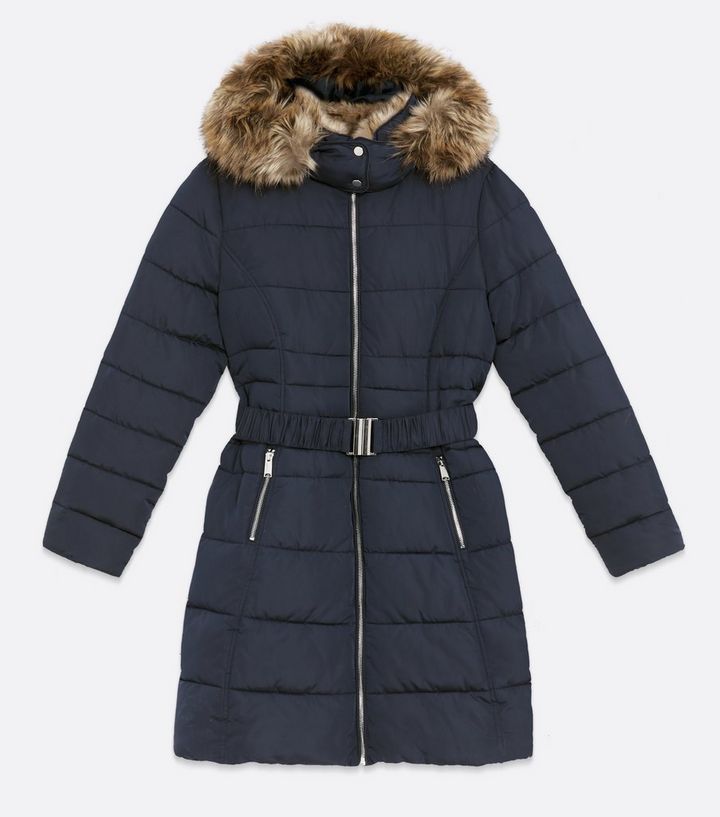 Navy Belted Puffer Long Jacket