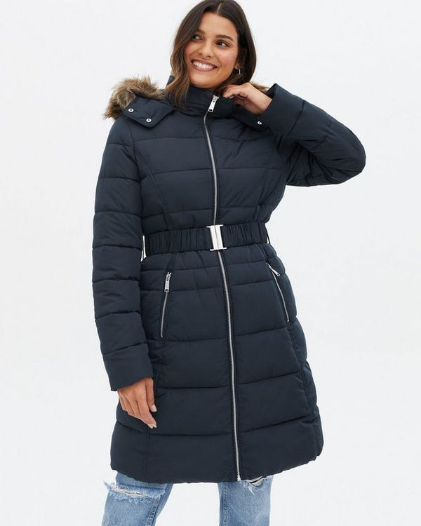 Navy Belted Puffer Long Jacket