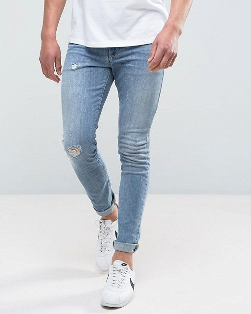 Super Skinny Jeans in Mid Wash Blue with Abrasions